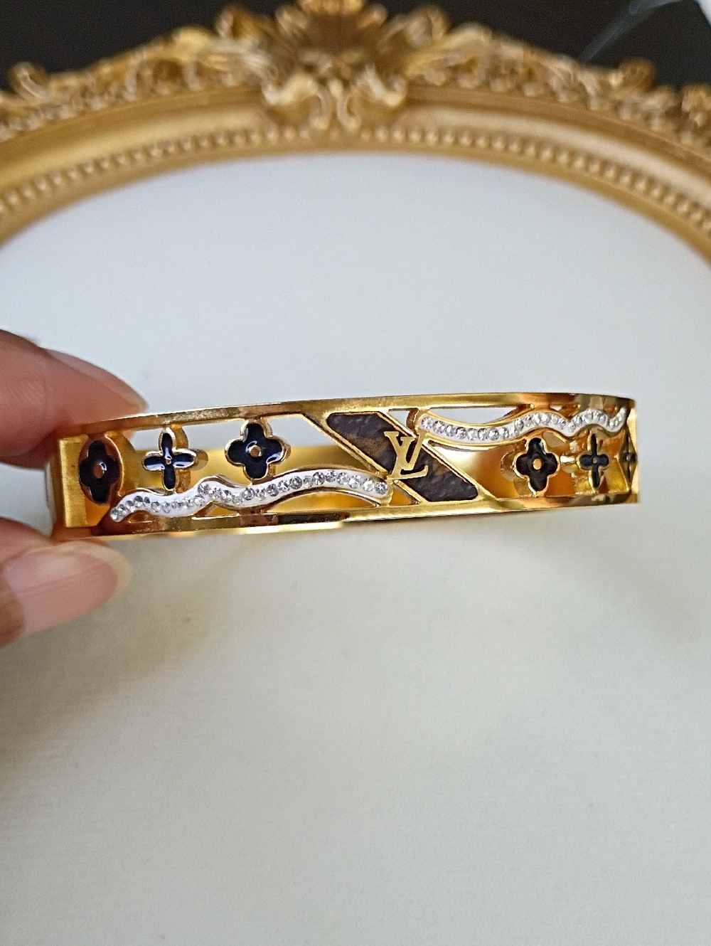 New Gold Tone and Black Monogram Crystal Wave Bangle Fashion Jewelry - Picture 3 of 5